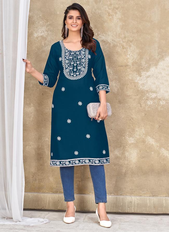 Rayon Morpeach Office Wear Embroidery Work Readymade Kurti